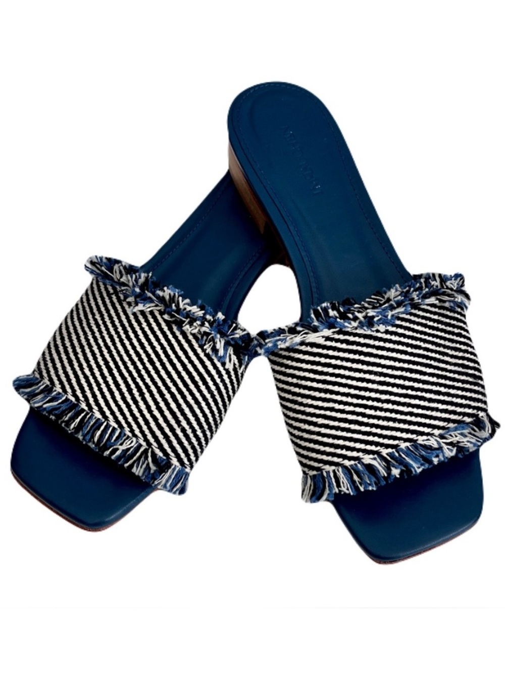 J. McLaughlin Navy Blue ‘Lile’ Raw Edge Denim Sandals, Size 6